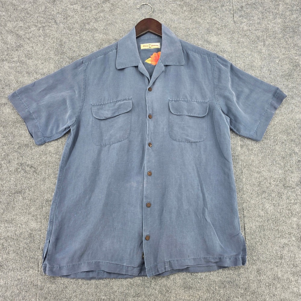 Tommy Bahama Mens Medium Blue Linen Silk Blend Short Sleeve Camp Shirt Hibiscus